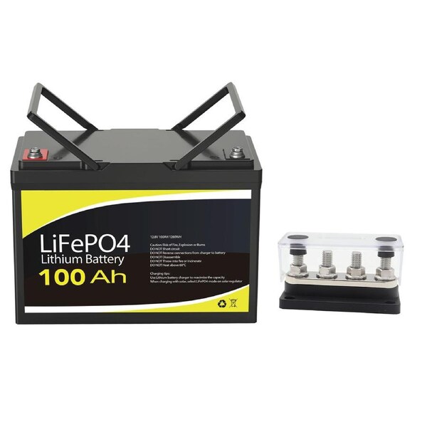 12V 100Ah Lithium Battery + 4 GANG 300A BusBar Black