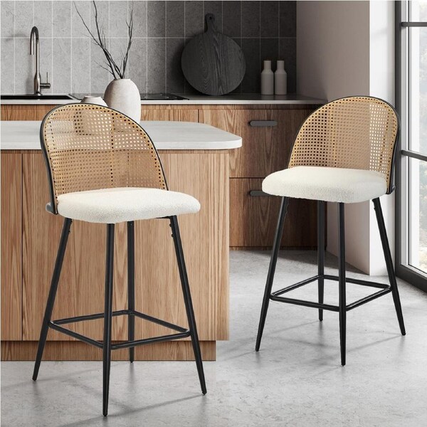 Oikiture Bar Stools Kitchen Counter Stool Rattan Dining Chair Boucle Fabric x2