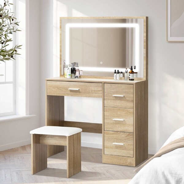 Oikiture Dressing Table Stool Set Large Makeup Mirror LED Light Vanity Natural
