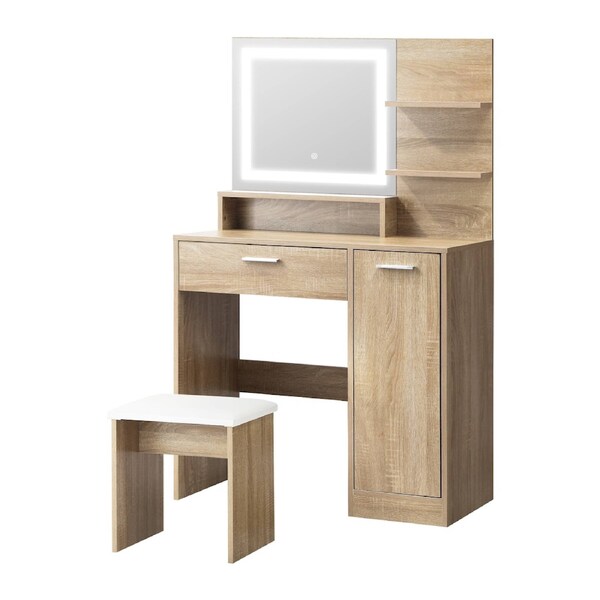 Oikiture Dressing Table Stool Set Makeup Mirror LED Light Large Cabinet Natural