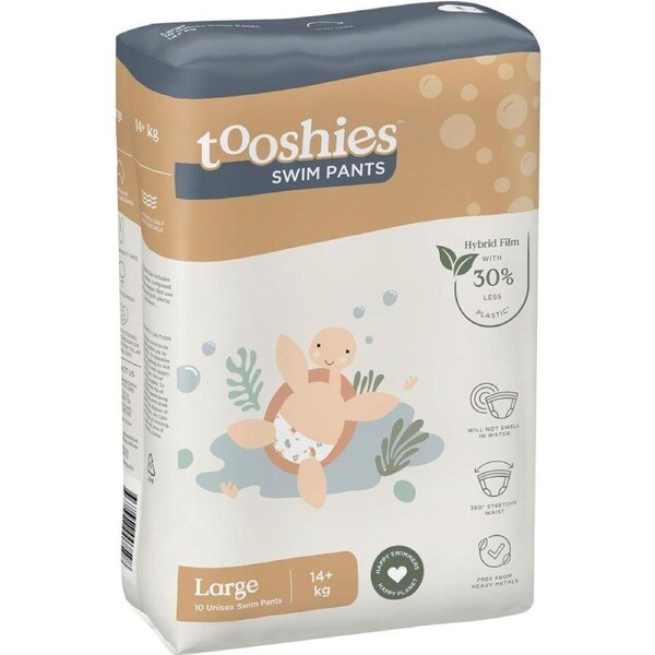 Tooshies Swim Pants - Size Large 14+ kgs - Hybrid film with 30% Less Plastic - No Swell - Pull Up and tear off -Turtle Print - Unisex - 10pk