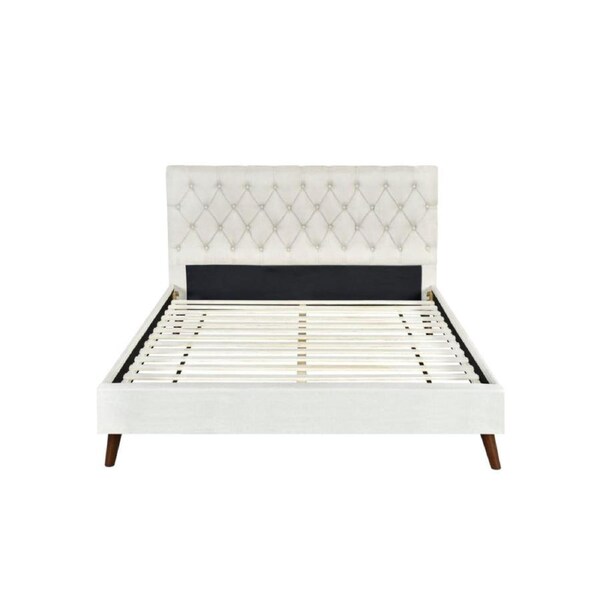 Design Square Modern Fabric Bed Frame Queen Size Wooden Legs W/ Bed Head - Cream