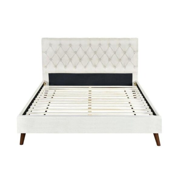 Design Square Modern Fabric Bed Frame King Single Size Wooden Legs W/ Bed Head - Cream
