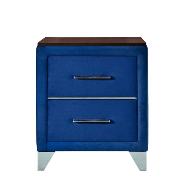 Design Square Modern Elegant Velvet Fabric 2-Drawers NightStand Bedside Table Navy Blue