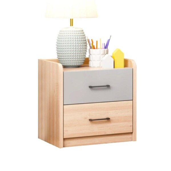 Design Square Wooden Timber Nightstand Bedside Table W/ 2-Drawers Natural/Grey