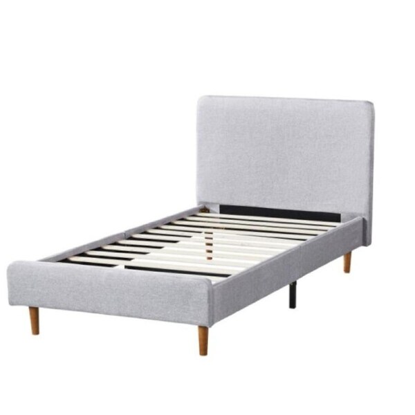 Design Square Fabric Bed Frame With Bed Head Single Size Solid Wood Legs Light Grey