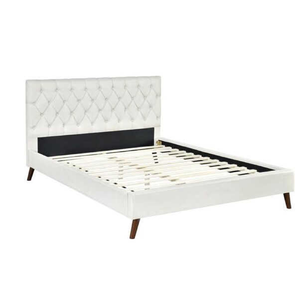 Design Square Modern Fabric Bed Frame Double Size Wooden Legs W/ Bed Head - Cream