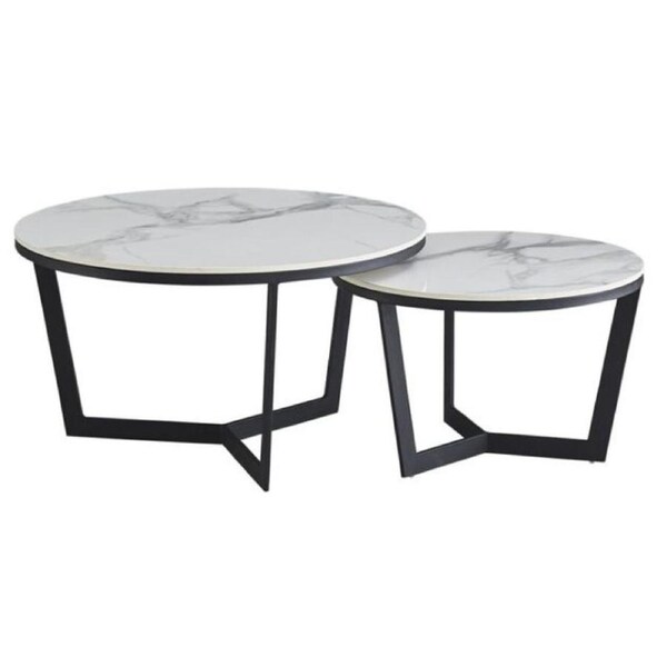 Design Square Set Of 2 Nesting Round Coffee Table Set Marble Look White/Black