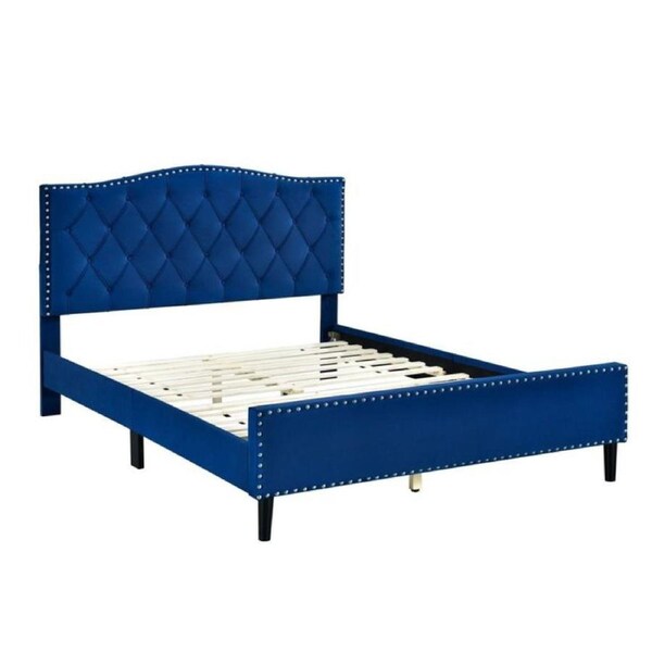 Design Square Modern Velvet Fabric Tufted Bed Head Bed Frame Queen Size Navy Blue