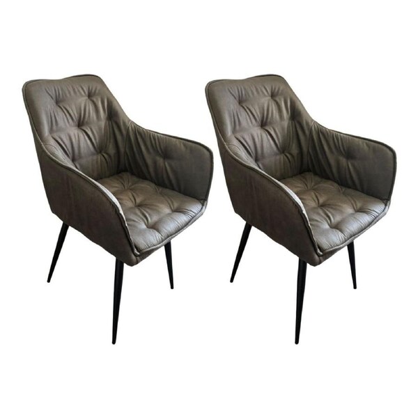 Design Square Set of 2 Dining Arm Chair Faux Suede Fabric Powder-Coated Metal Legs Pewter Grey
