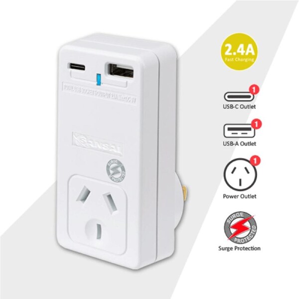 Sansai 2.4A USB A&C Wall Socket Adaptor Charger with Surge Protected Power Outlets