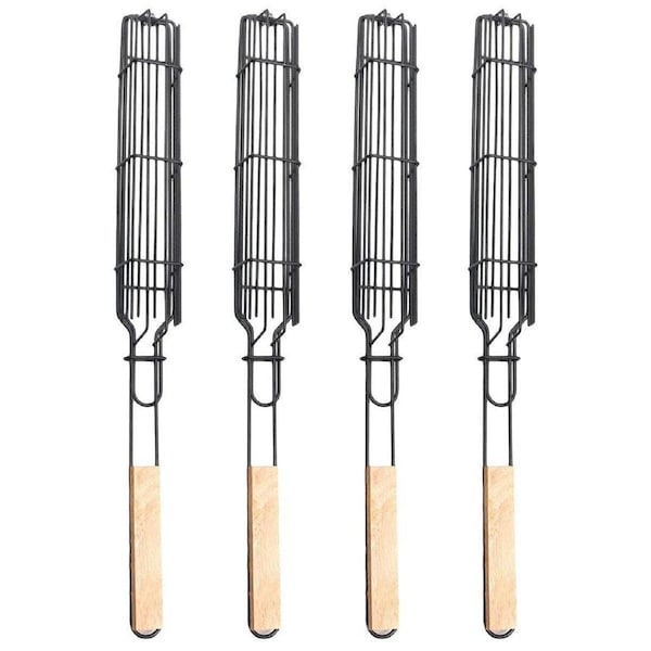 4PCS Outdoor BBQ Grill Basket Wooden Handle Sausage Hot Dog Corn Grilling Net
