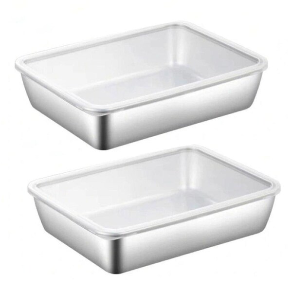 2PCS Stainless Steel Square Food Tray With Lid Rectangular Storage Box Plate
