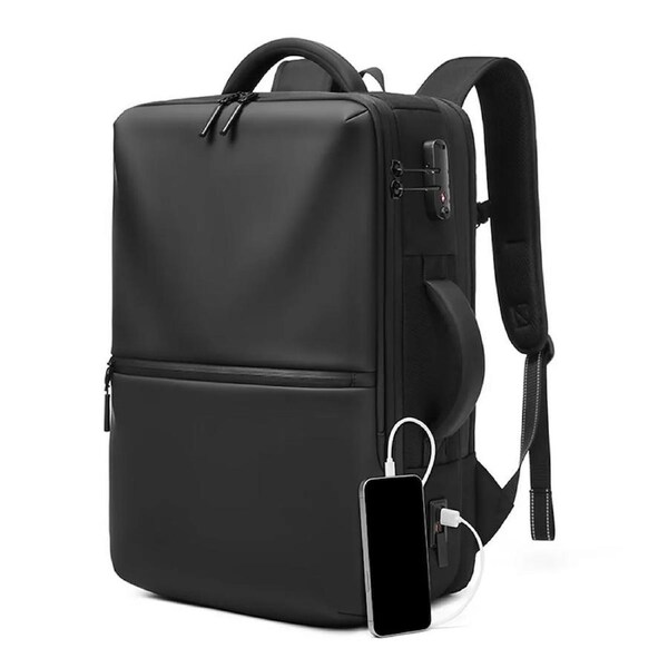 Vacuum Travel Backpack Rucksack Waterproof Compression Expandable Antitheft Men Carryon Luggage Bag Work Business Laptop Black 39-55L USB Charging