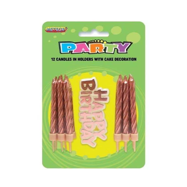 12pk Rose Gold Candles with Cake Deco