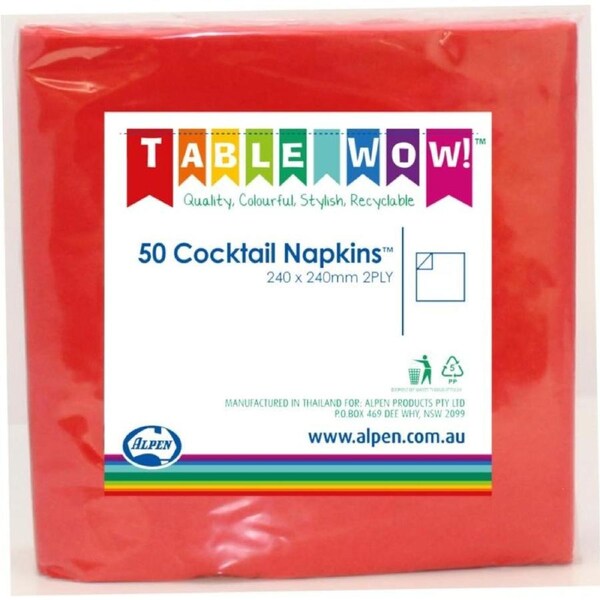 Red Cocktail Napkins 2ply 24x24cm 50pk