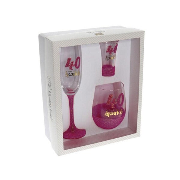 Set of 3 40th Birthday Sparkle Fuchsia Shot, Stem & Flute Glass