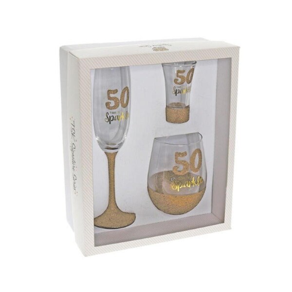 Set of 3 50th Birthday Sparkle Gold Shot, Stem & Flute Glass