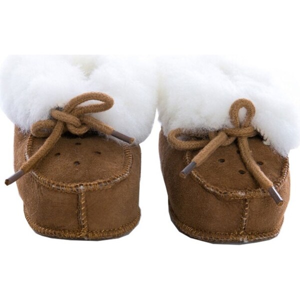 Auskin Tykes Sheepskin Booties Baby Shoes w/ Leather Tie Size 1 Walnut 0-12m