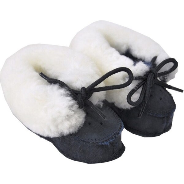 Auskin Tykes Sheepskin Booties Baby Shoes w/Leather Tie Sz 1 Navy Blue 0-12m