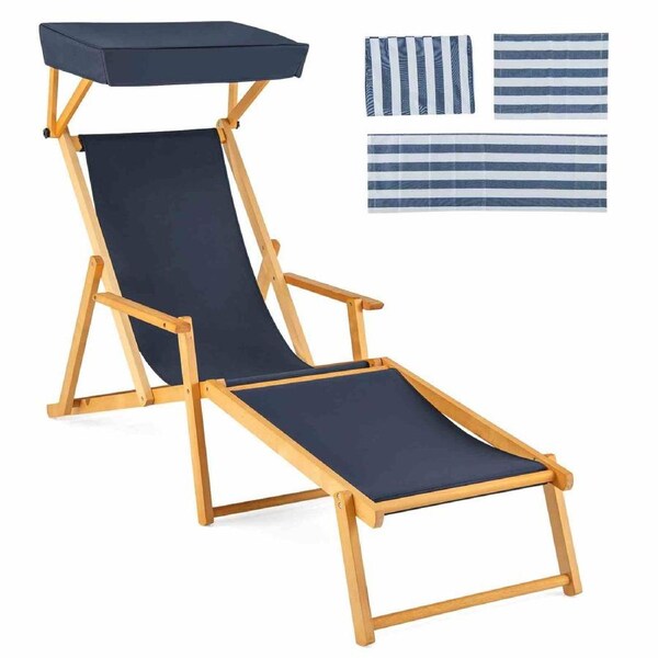 Costway Birch Wood Chaise Lounge Chair w/Adjustable Canopy Reclining Backrest Navy