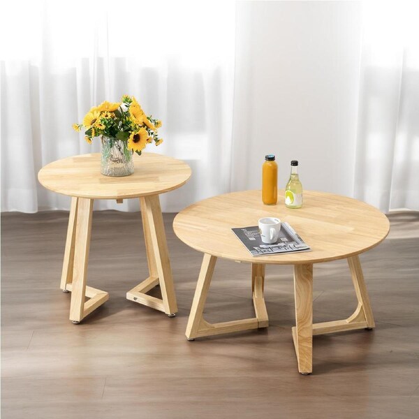 Furb Set of 2 Round Side Table Wooden End Table Coffee Table for Home Living Room 60+80CM