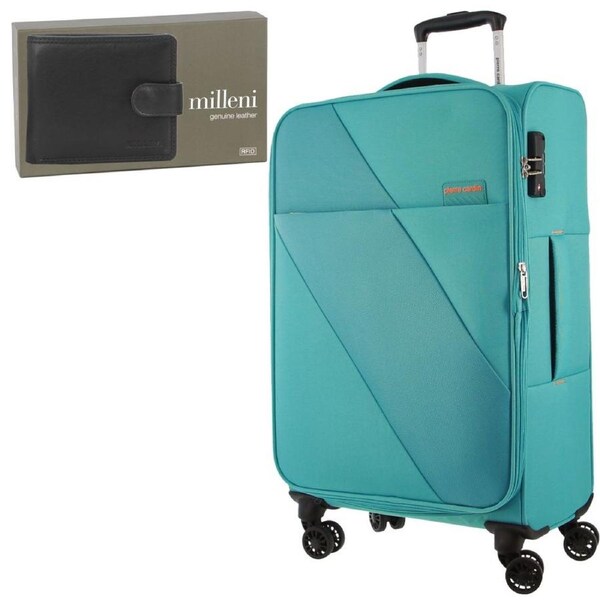 Pierre Cardin 65cm MEDIUM Soft Shell Suitcase + BONUS Milleni Leather Mens Wallet