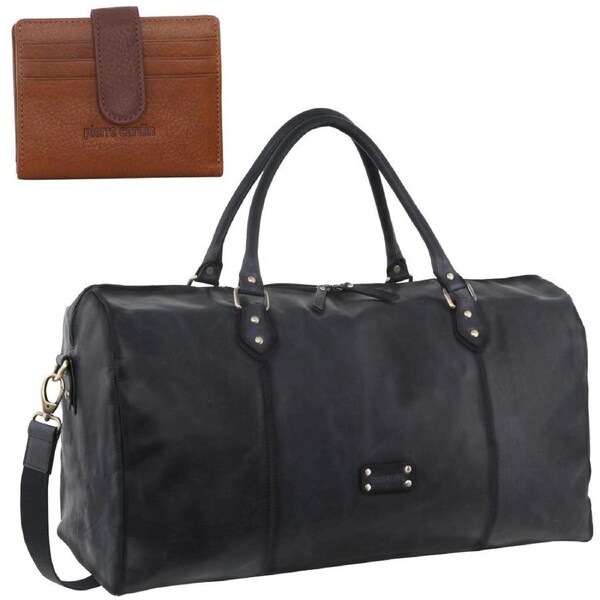 Pierre Cardin Leather Overnight Bag - Black & Leather Wallet BUNDLE