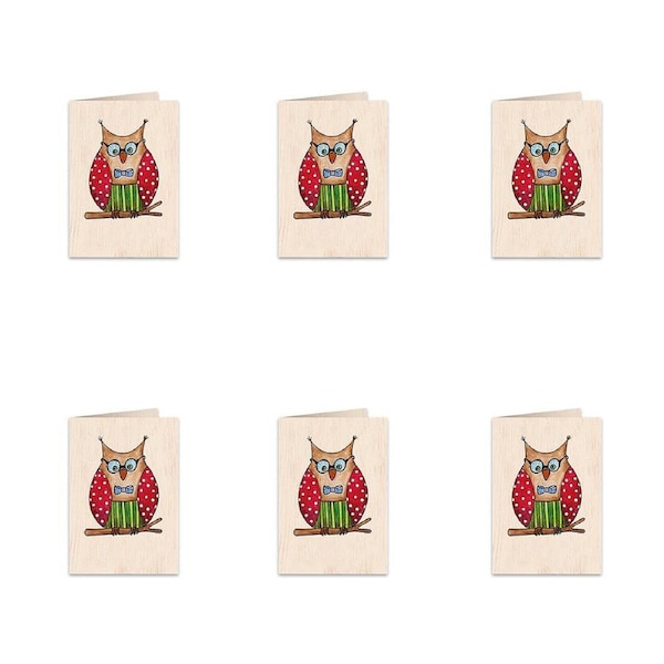 6x Cozywood Wooden Greeting Card 11x16cm stationery w/ Envelope Owlet