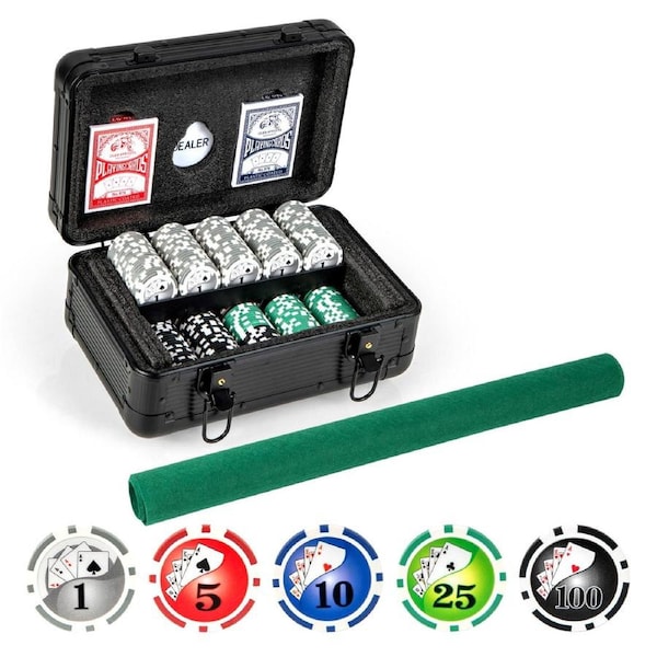 Costway 300PC 11.5 Gram Poker Chip Set Texas Hold'em Poker Chip Sets Casino Playing Cards Dice Gamble Game Party Black