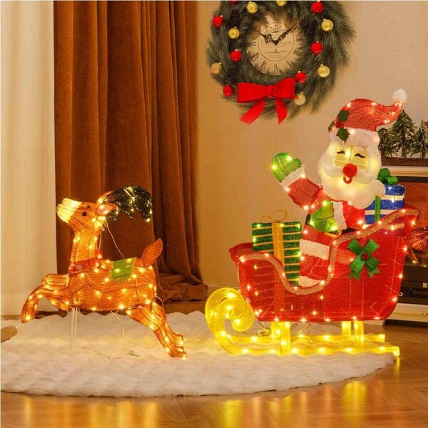 Costway Pre-lit Christmas Santa Claus & Reindeer Sleigh Xmas Decor Set w/239 LED Lights Multi