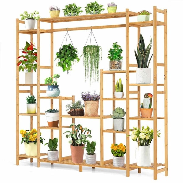 Costway 9-Tier Large Plant Shelf Bamboo Crisscross Storage Shelf for Flowers Toys Decor Natural