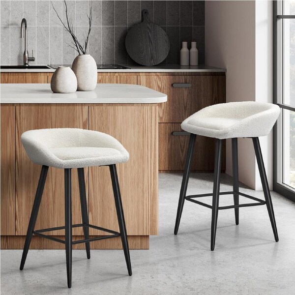 Oikiture Bar Stools Set of 2 Kitchen Dining Chairs Counter Stool White Boucle