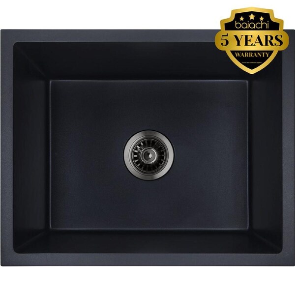 Baiachi 650 x 450 Single Bowl Granite Kitchen Sink Black with Gun metal Waste