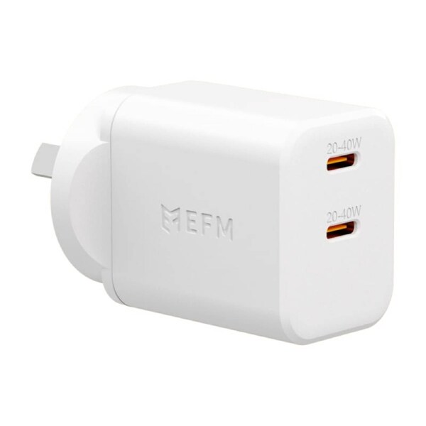 EFM ECO 40W Dual Port Wall Charger with GaN, Power Delivery and PPS - White