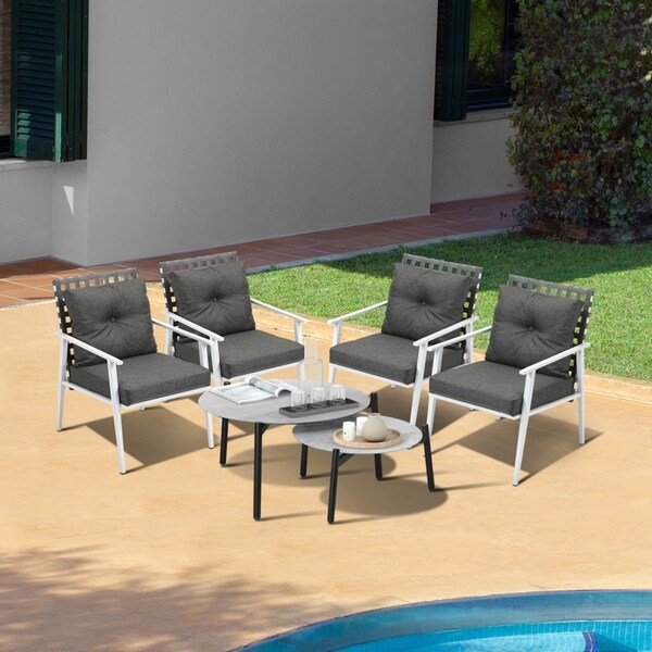 Livsip Outdoor Lounge Sets 6pc Patio Set Grey Round Table 4pc Rattan Chairs