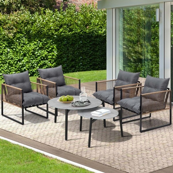 Livsip Outdoor Patio Setting Furniture Grey Coffee Table Set Rattan Chairs 6PCS