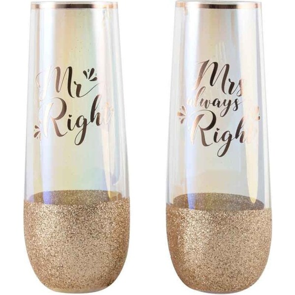 2pc Mr Right Mrs Always Right Stemless Champagne Glass Drinking Wine Cup 17cm
