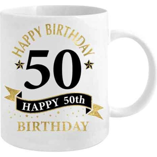 50th Bday White & Gold 360ml Ceramic Coffee/Tea Mug Drink Water Cup w/ Handle