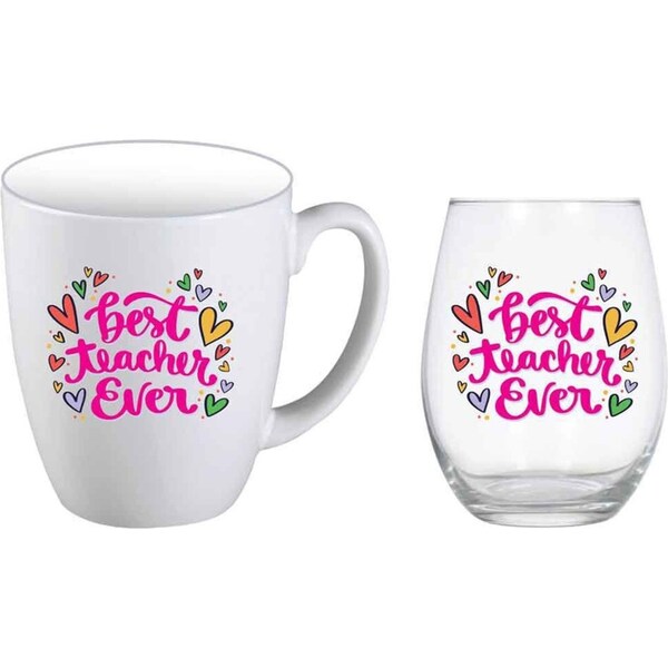 2pc Best Teacher Ever Hearts 400ml Coffee Mug & Stemless Wine Glass Cup Set WHT