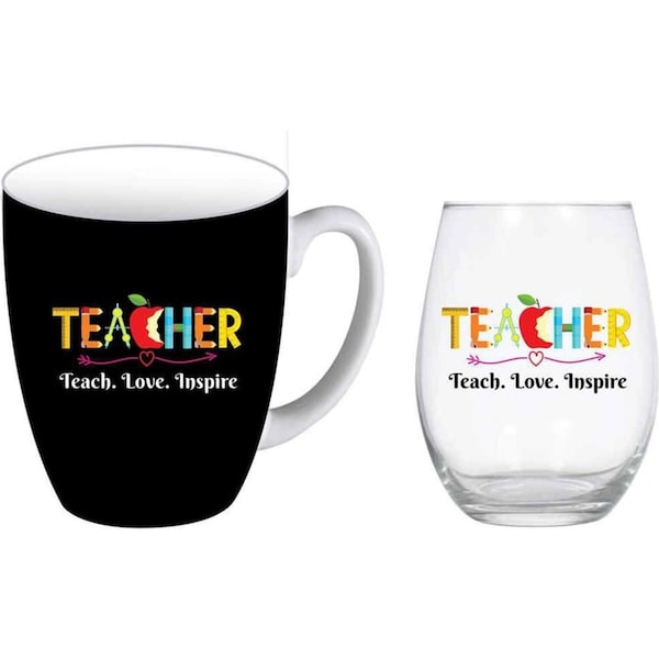 2pc Teacher Love Teach Inspire 400ml Coffee Mug & Stemless Wine Glass Set BLK