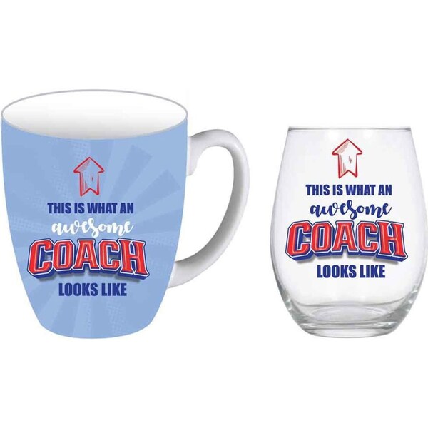 2pc Coach 400ml Coffee/Tea Mug & Stemless Wine Glass Drinking Tumbler Set Blue