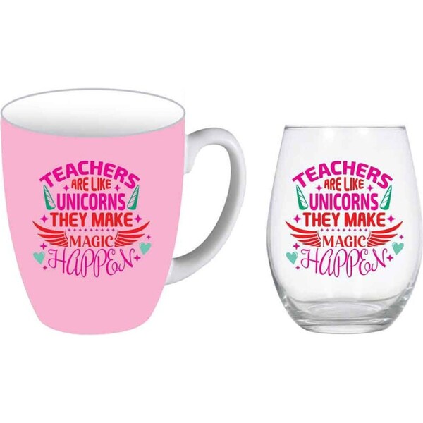 2pc Teachers Are Like Unicorns 400ml Coffee Mug & Stemless Wine Glass Set Pink