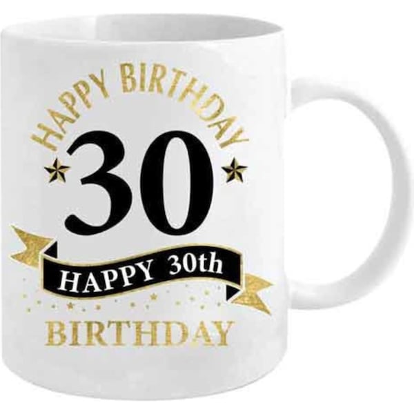 30th Bday White & Gold 360ml Ceramic Coffee/Tea Mug Drink Water Cup w/ Handle
