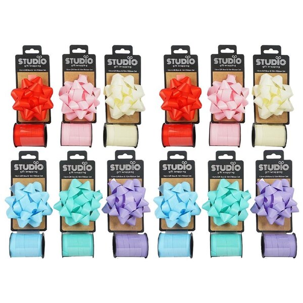 12x Studio Gift Wrapping 10cm Gift Bow & Ribbon Set Party Decor Assorted Colours