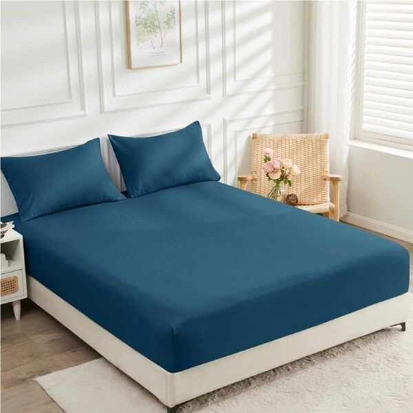 2000TC Cooling Bamboo Fitted Sheet Pillowcases Set LINENOVA(Queen,Biscay blue)