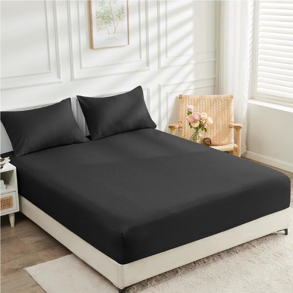 2000TC Cooling Bamboo Fitted Sheet Pillowcases Set LINENOVA(King,Black)