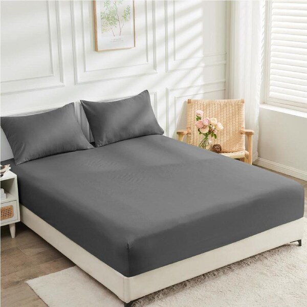 2000TC Cooling Bamboo Fitted Sheet Pillowcases Set LINENOVA(King,Dark grey)