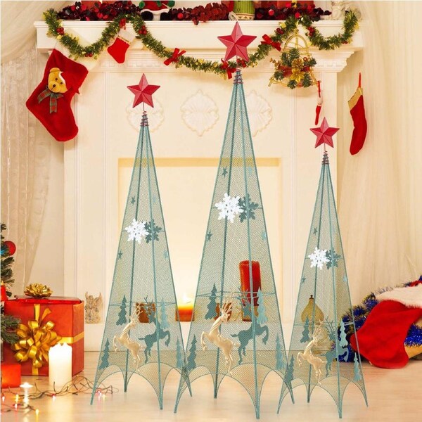 Costway 3PCS Tower Shaped Artificial Christmas Trees Xmas Decoration w/Removable Star Toppers DIY