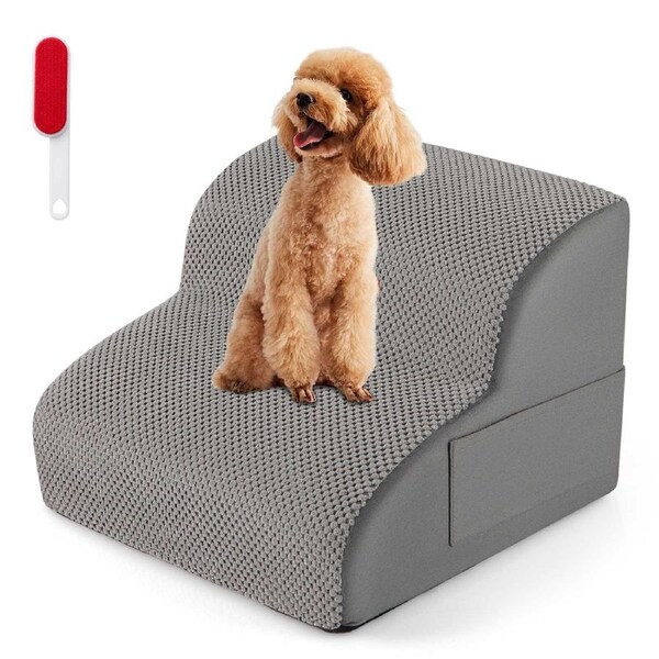 Costway 2-Tier Foam Dog Ramp Pet Step Stairs Non-Slip Climbing Ladder w/Hair Remover Brush Sofa Bed Couch Cat Grey